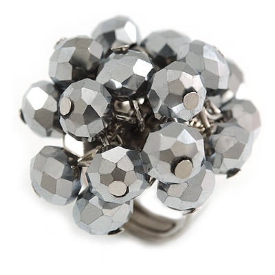Hematite Grey Glass Bead Cluster Ring in Silver Tone Metal - Adjustable 7/8 - main view