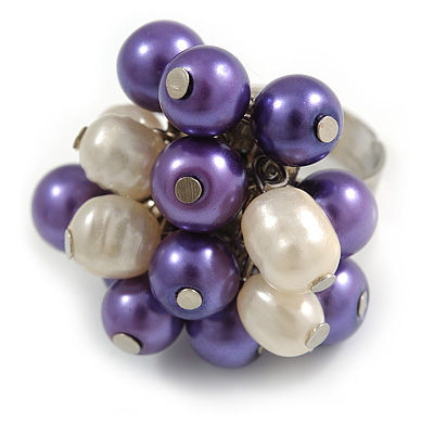 Purple/ Cream Faux Pearl Bead Cluster Ring in Silver Tone Metal - Adjustable 7/8 - main view