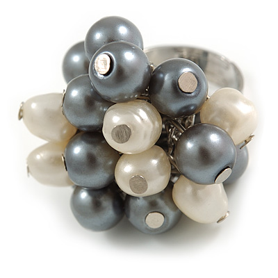 Grey/ Cream Faux Pearl Bead Cluster Ring in Silver Tone Metal - Adjustable 7/8 - main view