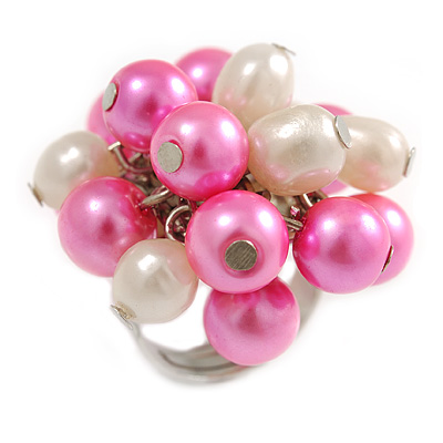 Pink/ Cream Faux Pearl Bead Cluster Ring in Silver Tone Metal - Adjustable 7/8 - main view