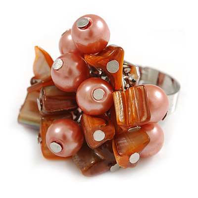 Shell Nugget and Faux Pearl Cluster Bead Silver Tone Ring in Orange - 7/8 Size - Adjustable - main view