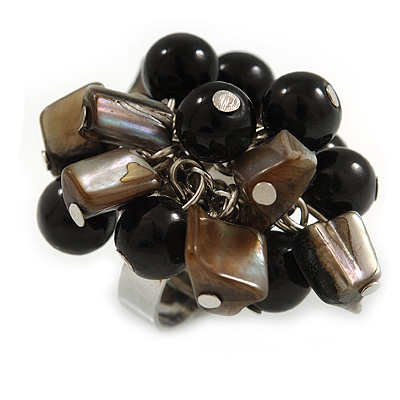 Shell Nugget and Faux Pearl Cluster Bead Silver Tone Ring in Black - 7/8 Size - Adjustable - main view