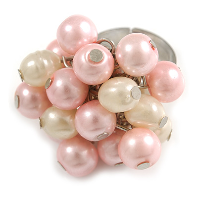 Light Pink/ Cream Faux Pearl Bead Cluster Ring in Silver Tone Metal - Adjustable 7/8 - main view