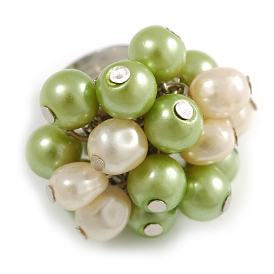 Lime Green/ Cream Faux Pearl Bead Cluster Ring in Silver Tone Metal - Adjustable 7/8 - main view