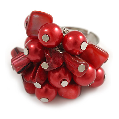 Shell Nugget and Faux Pearl Cluster Bead Silver Tone Ring in Red - 7/8 Size - Adjustable - main view