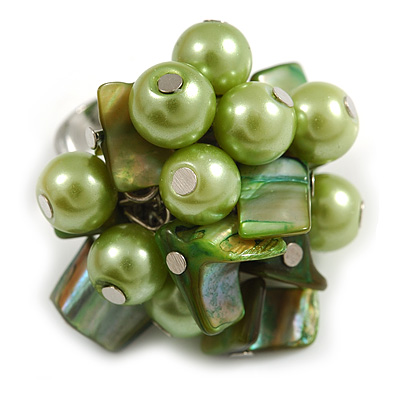 Shell Nugget and Faux Pearl Cluster Bead Silver Tone Ring in Green - 7/8 Size - Adjustable - main view