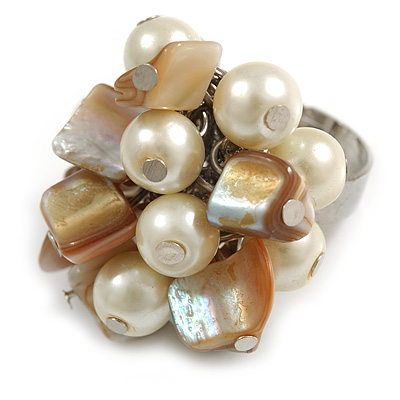 Shell Nugget and Faux Pearl Cluster Bead Silver Tone Ring in Cream/ Antique White - 7/8 Size - Adjustable - main view