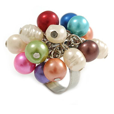 Multicoloured Faux Pearl Bead Cluster Ring in Silver Tone Metal - Adjustable 7/8 - main view