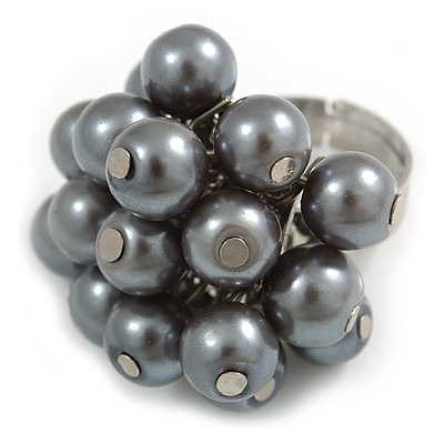 Grey Faux Pearl Bead Cluster Ring in Silver Tone Metal - Adjustable 7/8 - main view