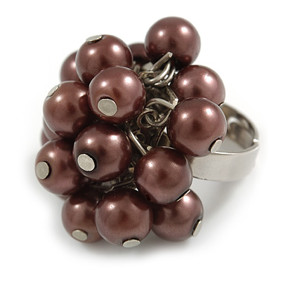 Brown Faux Pearl Bead Cluster Ring in Silver Tone Metal - Adjustable 7/8