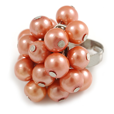 Peach Orange Faux Pearl Bead Cluster Ring in Silver Tone Metal - Adjustable 7/8 - main view
