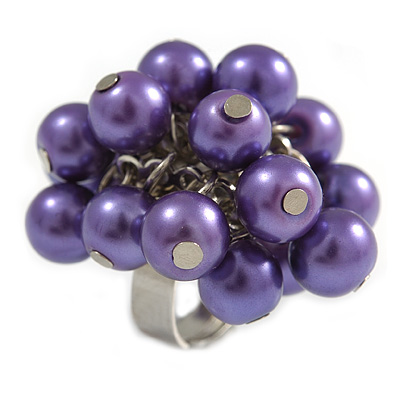Purple Faux Pearl Bead Cluster Ring in Silver Tone Metal - Adjustable 7/8 - main view