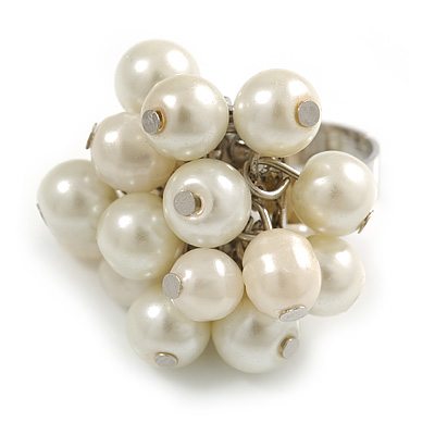 White Faux Pearl Bead Cluster Ring in Silver Tone Metal - Adjustable 7/8 - main view