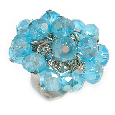 Light Blue Glass Bead Cluster Ring in Silver Tone Metal - Adjustable 7/8 - main view