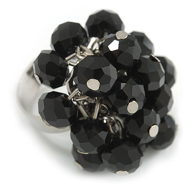 Black Glass Bead Cluster Ring in Silver Tone Metal - Adjustable 7/8