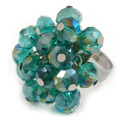 Teal Glass Bead Cluster Ring in Silver Tone Metal - Adjustable 7/8