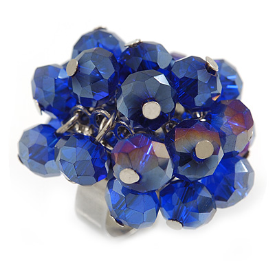 Navy Blue Glass Bead Cluster Ring in Silver Tone Metal - Adjustable 7/8