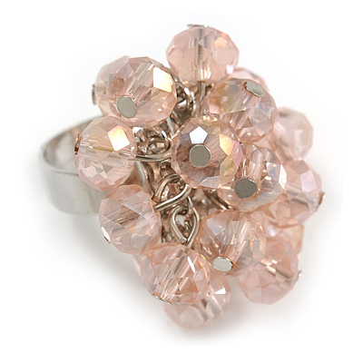 Light Pink Glass Bead Cluster Ring in Silver Tone Metal - Adjustable 7/8 - main view