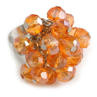 Orange Glass Bead Cluster Ring in Silver Tone Metal - Adjustable 7/8 - main view