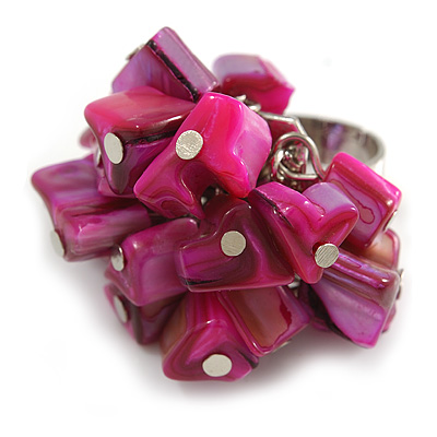 Fuchsia Pink Sea Shell Nugget Cluster Silver Tone Ring - 7/8 Size - Adjustable - main view