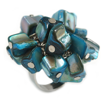 Turquoise Blue Sea Shell Nugget Cluster Silver Tone Ring - 7/8 Size - Adjustable