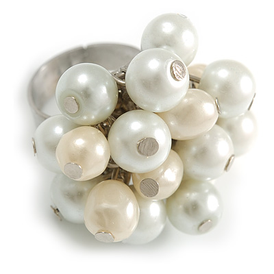 White/ Cream Faux Pearl Bead Cluster Ring in Silver Tone Metal - Adjustable 7/8 - main view