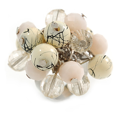 Cream/Pale Pink/Transparent Glass/Ceramic Bead Cluster Ring in Silver Tone Metal - Adjustable 7/8 - main view