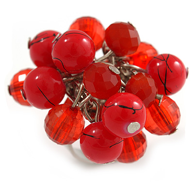 Red Glass and Ceramic Bead Cluster Ring in Silver Tone Metal - Adjustable 7/8 - main view