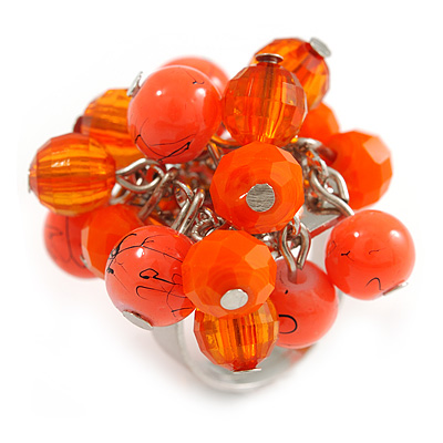 Orange Glass and Ceramic Bead Cluster Ring in Silver Tone Metal - Adjustable 7/8 - main view