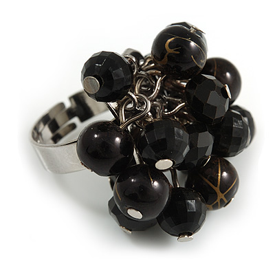 Black Glass and Ceramic Bead Cluster Ring in Silver Tone Metal - Adjustable 7/8 - main view