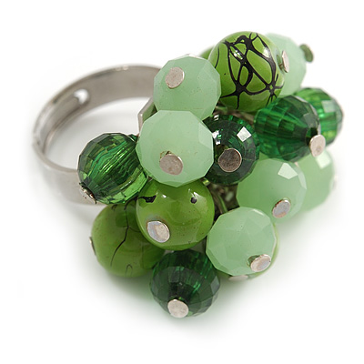 Green Glass and Ceramic Bead Cluster Ring in Silver Tone Metal - Adjustable 7/8 - main view