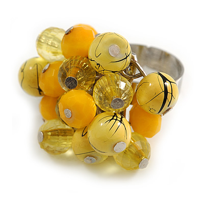 Yellow Glass and Ceramic Bead Cluster Ring in Silver Tone Metal - Adjustable 7/8