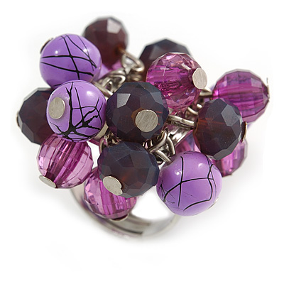 Purple/Lavender Glass and Ceramic Bead Cluster Ring in Silver Tone Metal - Adjustable 7/8 - main view
