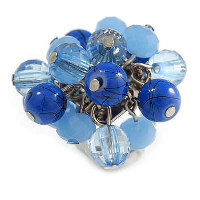 Blue Glass and Ceramic Bead Cluster Ring in Silver Tone Metal - Adjustable 7/8