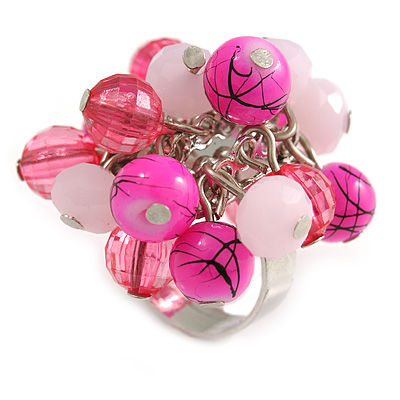 Pink Glass and Ceramic Bead Cluster Ring in Silver Tone Metal - Adjustable 7/8 - main view