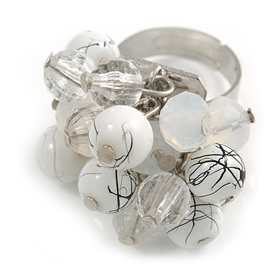 White/Transparent Glass and Ceramic Bead Cluster Ring in Silver Tone Metal - Adjustable 7/8 - main view