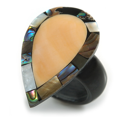 35mm/Cream/Abalone Teardrop Shape Sea Shell Ring/Handmade/ Slight Variation In Colour/Natural Irregularities - main view