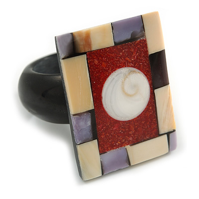 30mm/Cream/Red/Purple/White Rectangular Shape Sea Shell Ring/Handmade/ Slight Variation In Colour/Natural Irregularities - main view