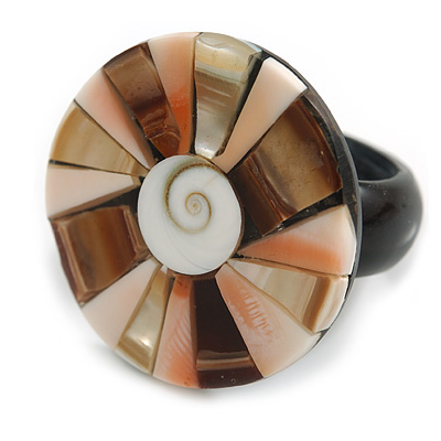 30mm/White/Cream/Brown Round Shape Sea Shell Ring/Handmade/ Slight Variation In Colour/Natural Irregularities - main view