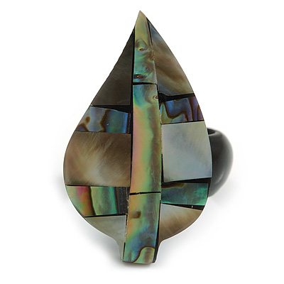 37mm/Grey/Silver/Natural/Abalone Leaf Shape Sea Shell Ring/Handmade/ Slight Variation In Colour/Natural Irregularities - main view