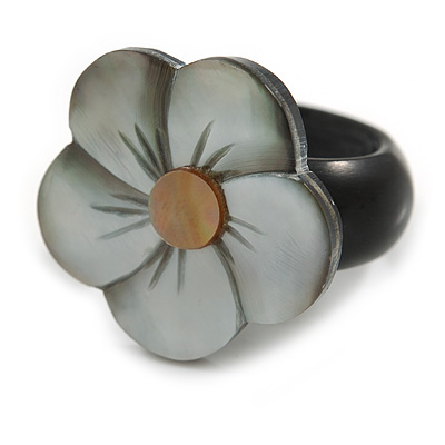 25mm/Silvery Grey Flower Shape Sea Shell Ring/Handmade/ Slight Variation In Colour/Natural Irregularities - main view