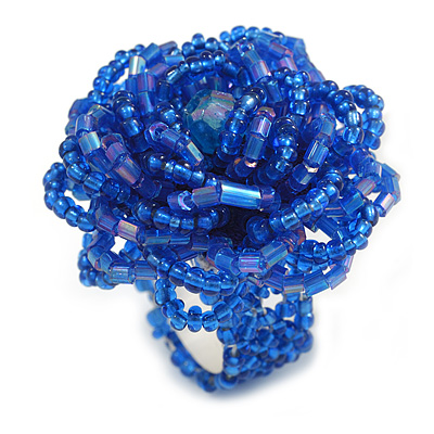 40mm Diameter/Cobal Blue/Iridescent Glass Bead Layered Flower Flex Ring/ Size M - main view