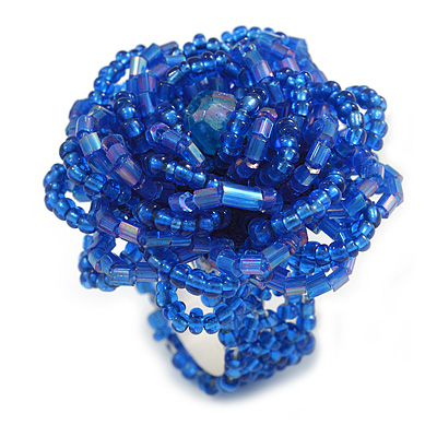 40mm Diameter/Cobal Blue/Iridescent Glass Bead Layered Flower Flex Ring/ Size M