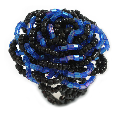 40mm Diameter/Black/ Admiral Blue Glass Bead Layered Flower Flex Ring/ Size M/L - main view