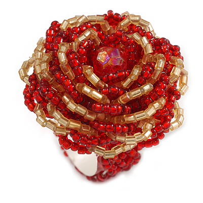 35mm Diameter/Red/Gold Glass Bead Layered Flower Flex Ring/ Size S