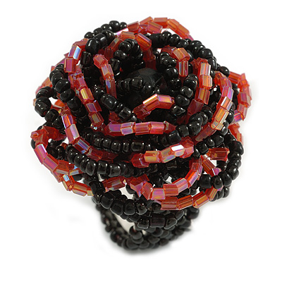 35mm Diameter/Blush Red/Black Glass Bead Layered Flower Flex Ring/ Size M/L - main view