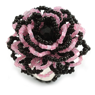 40mm Diameter/Black/Pink Glass Bead Layered Flower Flex Ring/ Size M - main view