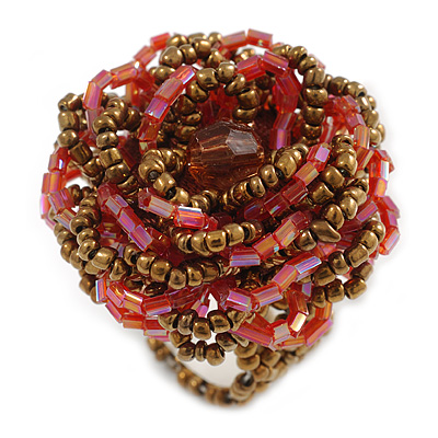 35mm Diameter/Blush Red/Bronze Glass Bead Layered Flower Flex Ring/ Size M