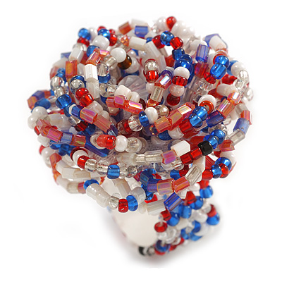 35mm Diameter/Blue/Red/White/Transparent Glass Bead Layered Flower Flex Ring/ Size M - main view