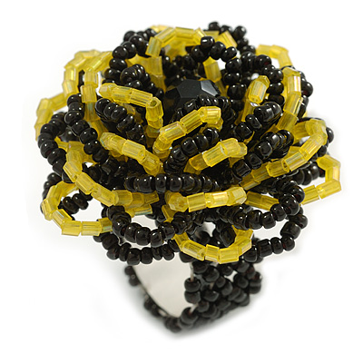 40mm Diameter/Black/Lemon Yellow Glass Bead Layered Flower Flex Ring/ Size M